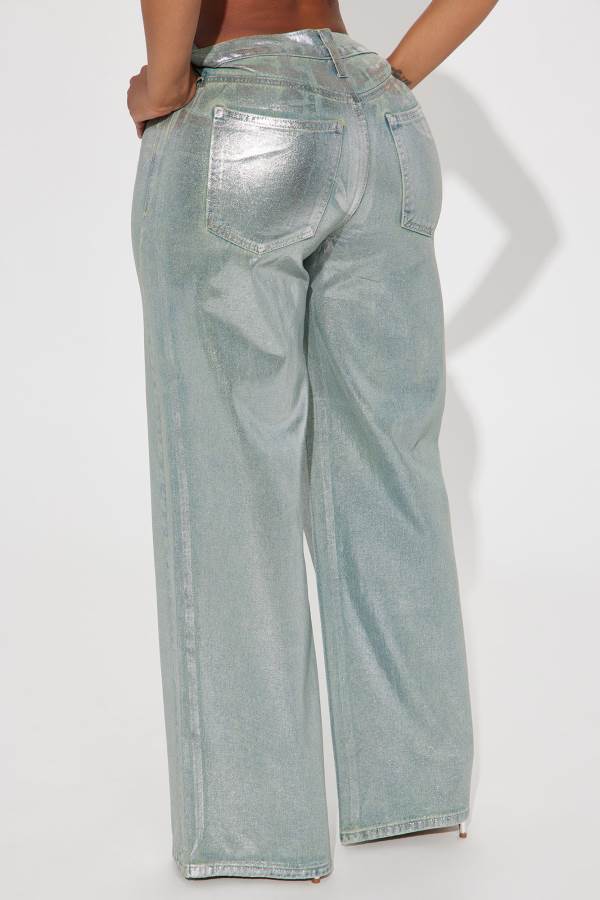 Wash Fashion Nova The Silver Screen Metallic Baggy Women Jeans USA | 835160HKM