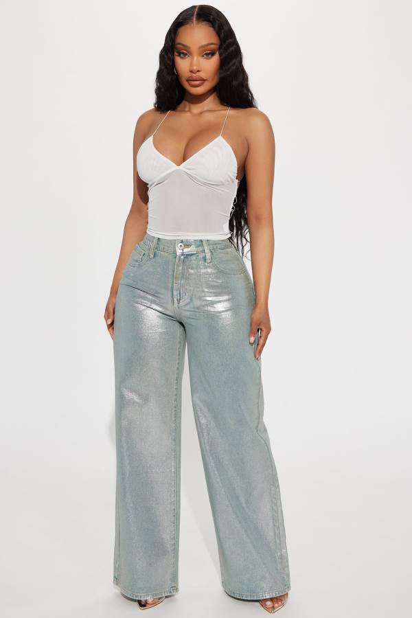 Wash Fashion Nova The Silver Screen Metallic Baggy Women Jeans USA | 835160HKM