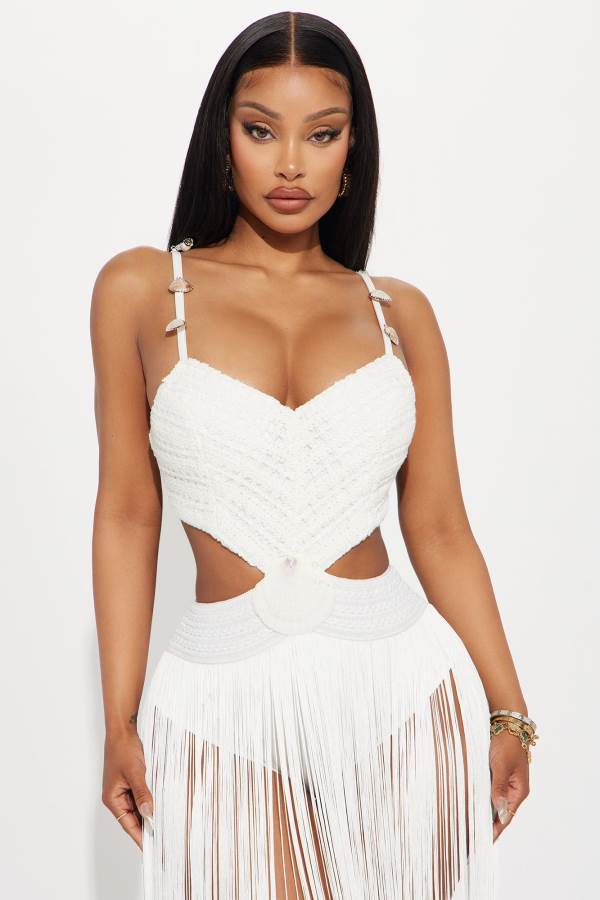 White Fashion Nova Alana Fringe Maxi Women Dress USA | 301642WXQ