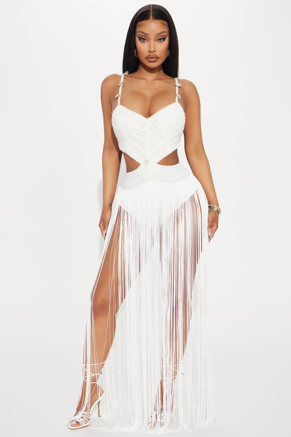 White Fashion Nova Alana Fringe Maxi Women Dress USA | 301642WXQ