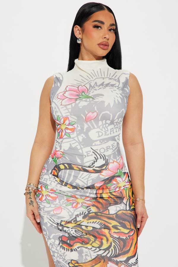 White Fashion Nova Ed Hardy Tiger Mesh Midi Women Dress USA | 913807ADW