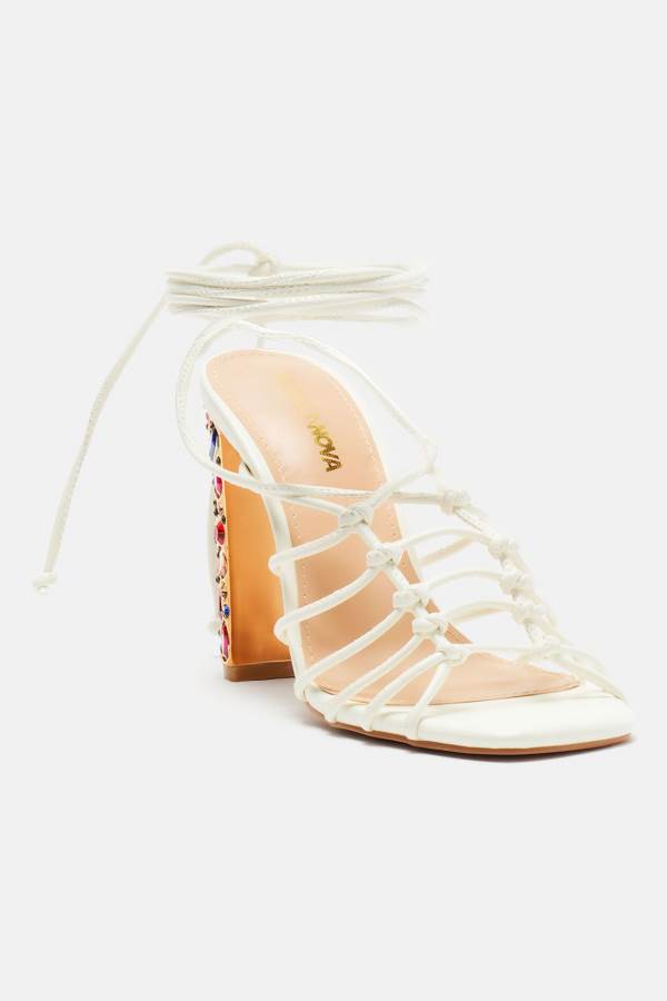 White Fashion Nova Find Out Wrap Up Heeled Women Sandals USA | 849105MSD