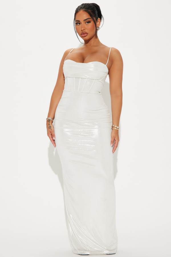 White Fashion Nova Georgia Metallic Maxi Women Dress USA | 071924SMJ