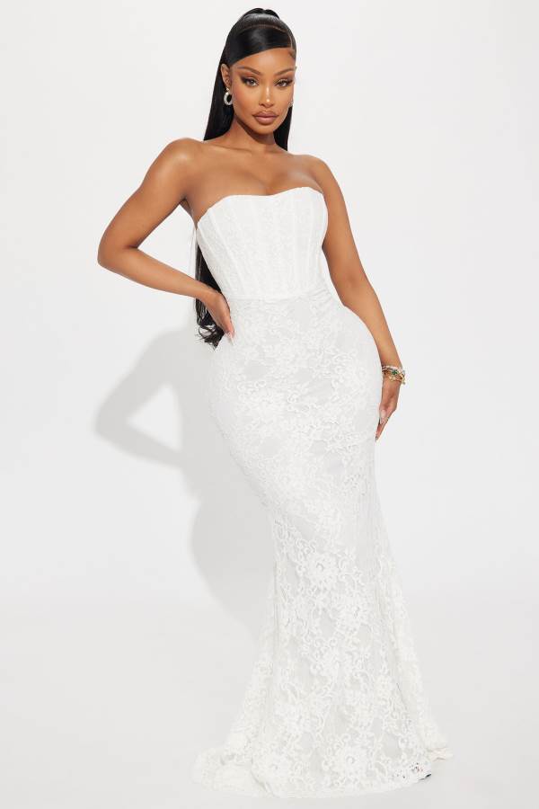 White Fashion Nova Linnea Lace Maxi Women Dress USA | 704125HDJ