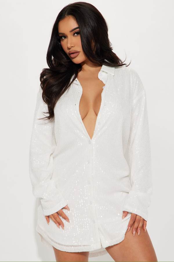 White Fashion Nova Lumina Sequin Shirt Women Dress USA | 918523OHE