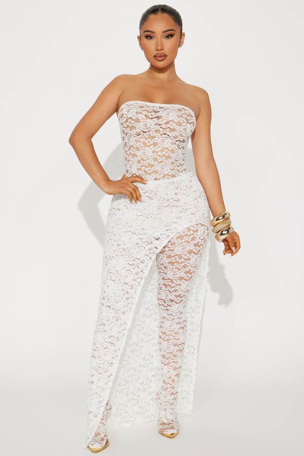 White Fashion Nova Meredith Lace Maxi Set Women Dress USA | 546823CYV