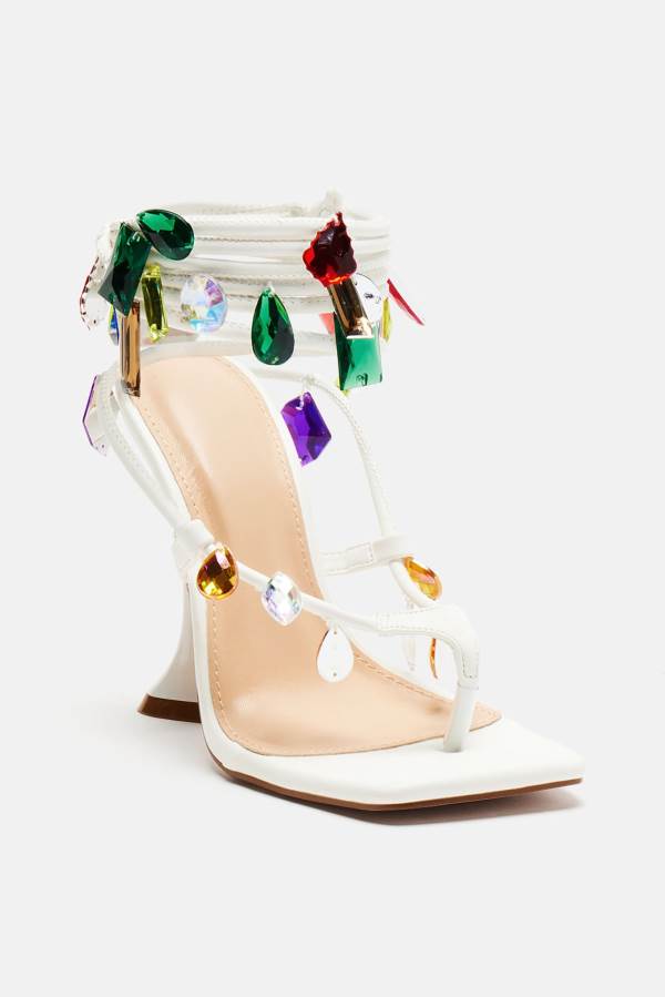 White Fashion Nova Party Seeker Wrap Up Heeled Women Sandals USA | 431082VUW