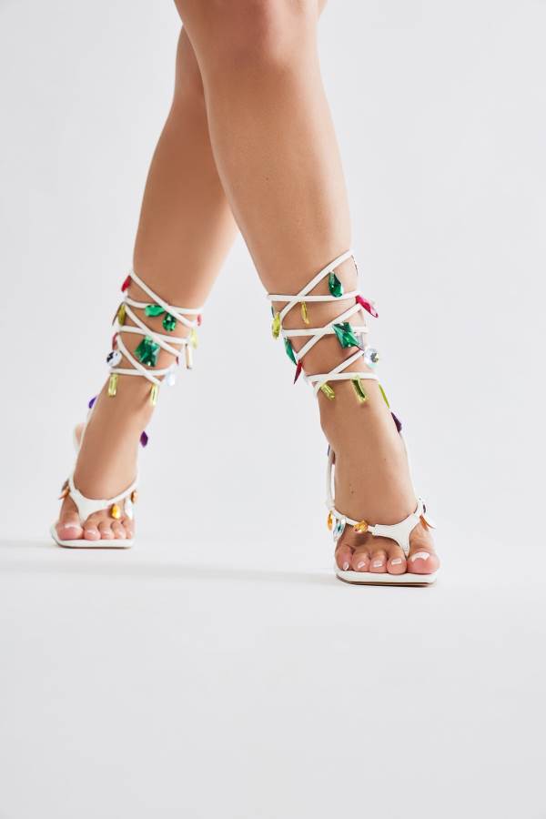 White Fashion Nova Party Seeker Wrap Up Heeled Women Sandals USA | 431082VUW