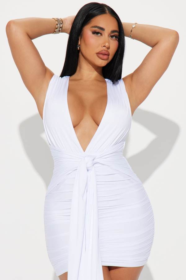 White Fashion Nova Reina Ruched Mini Women Dress USA | 143520GSL