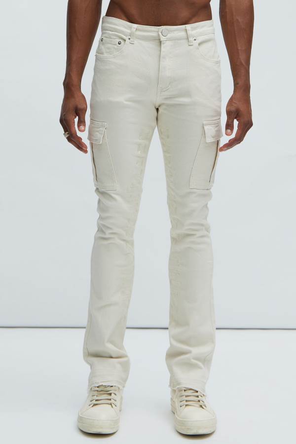 White Fashion Nova Ruthless Embroidered Stacked Skinny Cargo Flare Men Jeans USA | 437605HMX