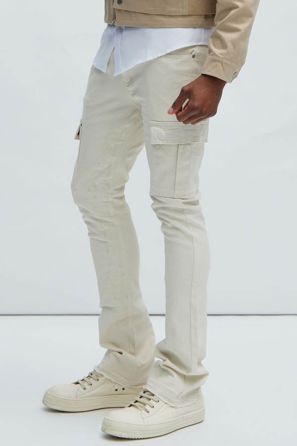 White Fashion Nova Ruthless Embroidered Stacked Skinny Cargo Flare Men Jeans USA | 437605HMX