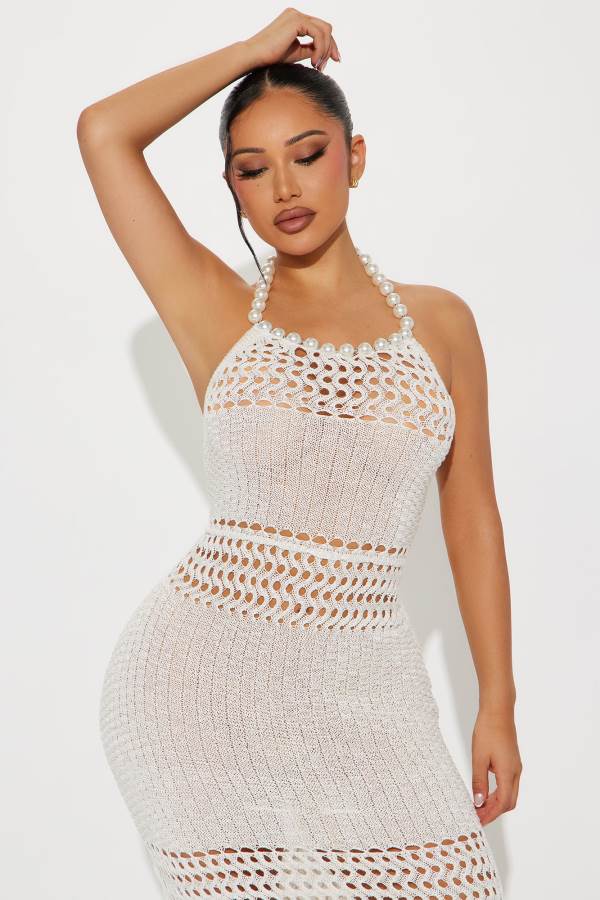 White Fashion Nova Sierra Pearl Crochet Maxi Women Dress USA | 903875GQA