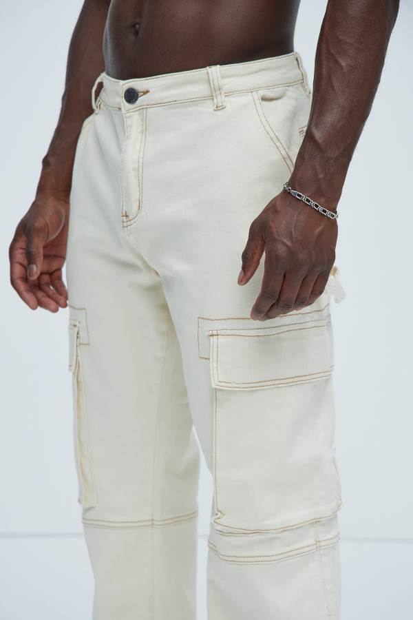 White Fashion Nova Stay In Lane Contrast Stitch Cargo Men Pants USA | 368547OGY