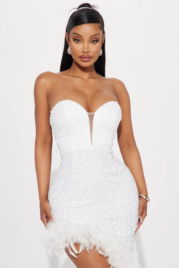 White Fashion Nova Sweetheart Sequin Feathered Maxi Women Dress USA | 689201UKN