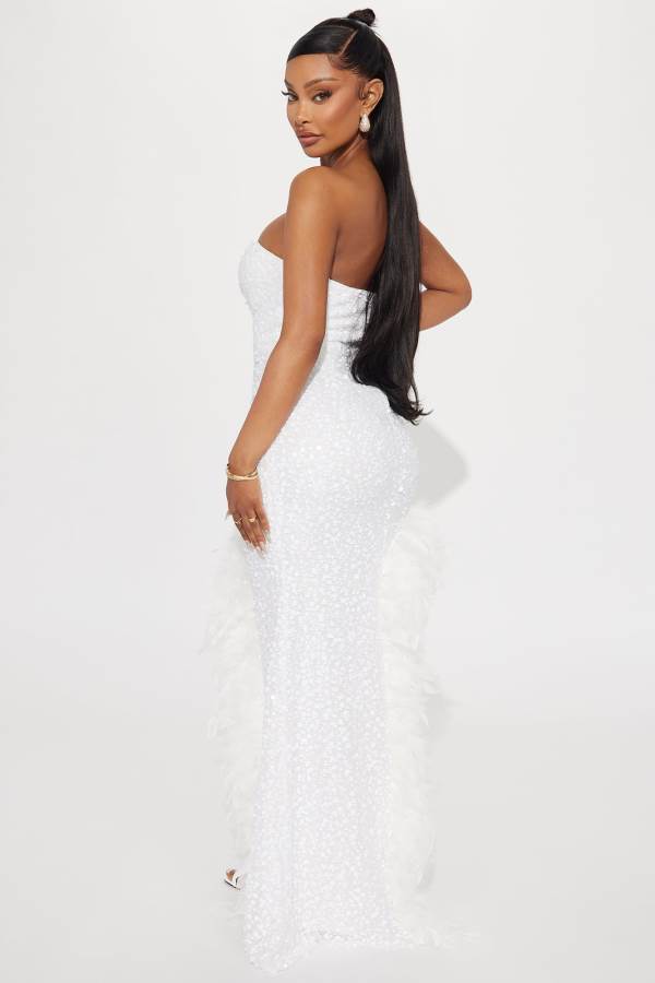 White Fashion Nova Sweetheart Sequin Feathered Maxi Women Dress USA | 689201UKN