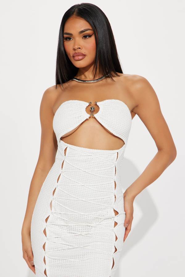 White Fashion Nova Venus Textured Midi Women Dress USA | 089175HVX