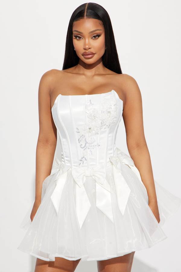 White Fashion Nova Winnie Bow Mini Women Dress USA | 519042QKA