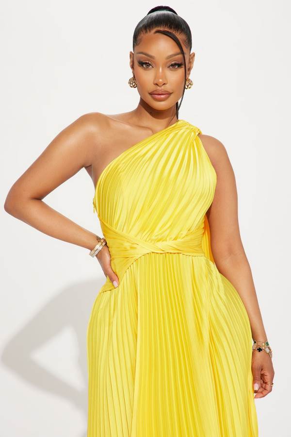 Yellow Fashion Nova Athena Pleated Maxi Women Dress USA | 412568JZL