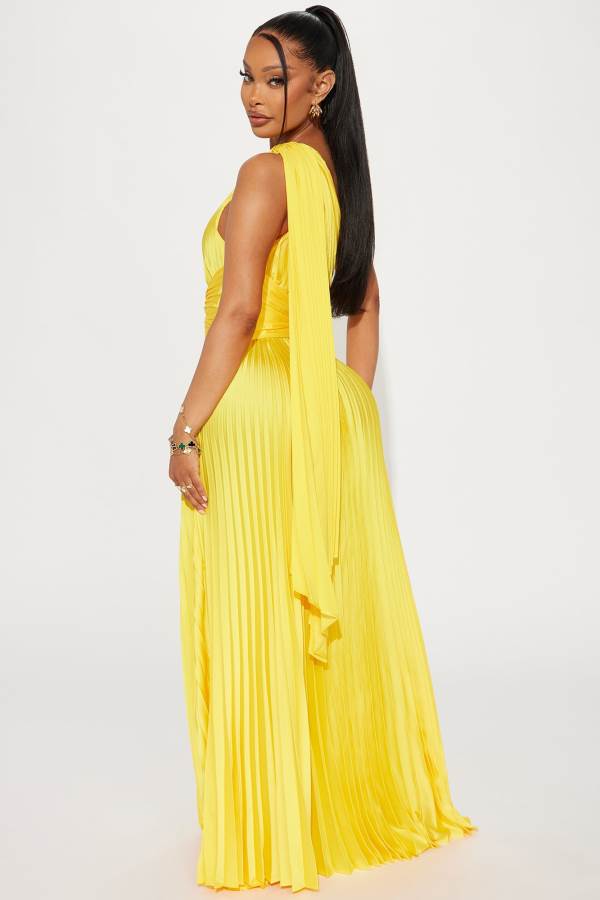 Yellow Fashion Nova Athena Pleated Maxi Women Dress USA | 412568JZL