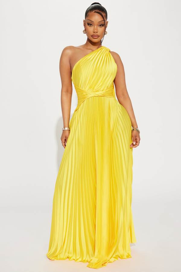 Yellow Fashion Nova Athena Pleated Maxi Women Dress USA | 412568JZL