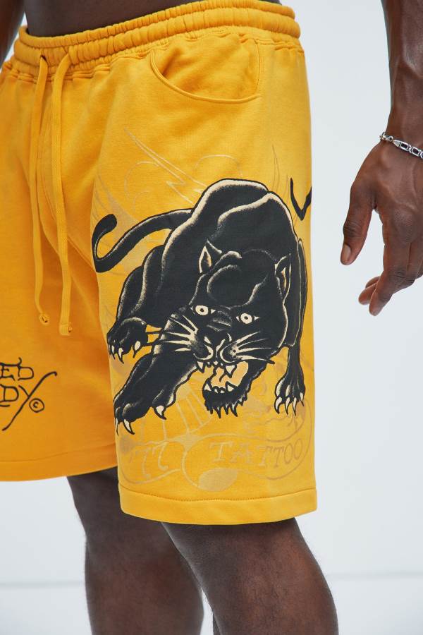 Yellow Fashion Nova Ed Hardy Crouching Panther Sweat Men Shorts USA | 527943BPV