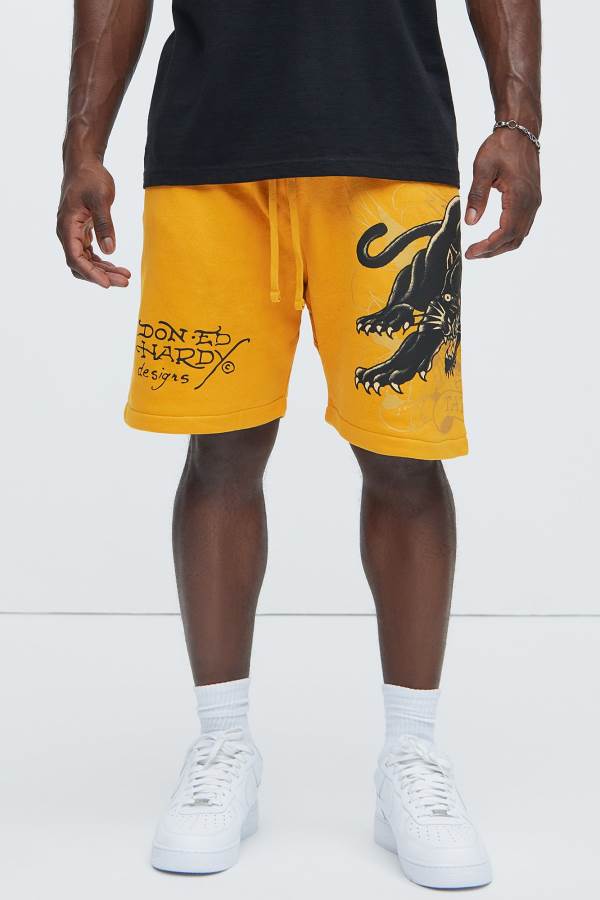 Yellow Fashion Nova Ed Hardy Crouching Panther Sweat Men Shorts USA | 527943BPV