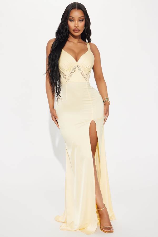 Yellow Fashion Nova Kaitlynn Satin Maxi Women Dress USA | 652493RAV