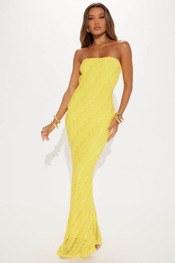 Yellow Fashion Nova Lavish in Lace Maxi Women Dress USA | 369847NKE